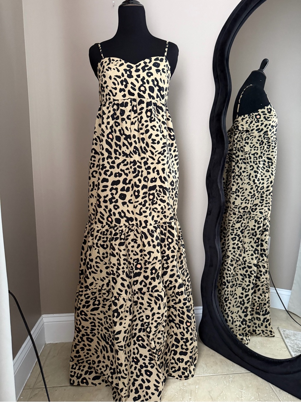 Animale Beige/Black Leopard Sweetheart Strappy Maxi Dress Bow Back M/L